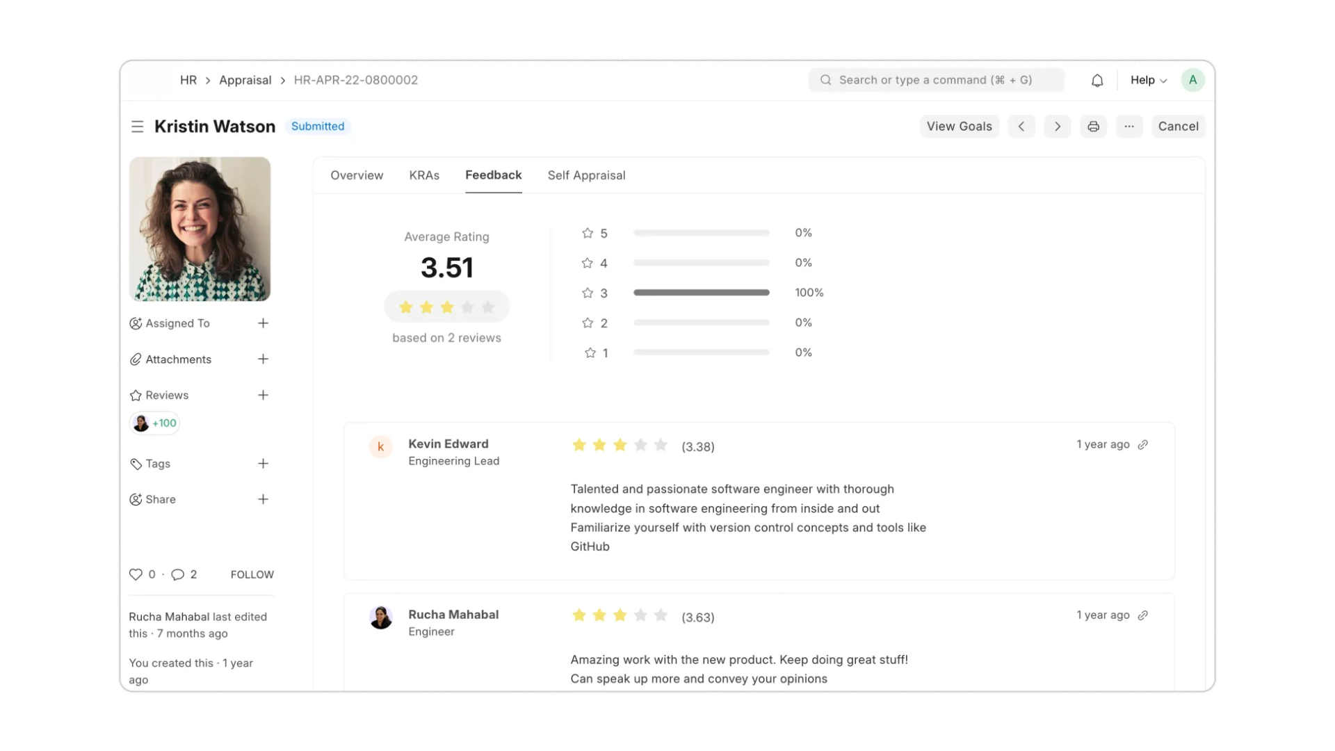 Appraisal Feedback — employee ratings and peer reviews