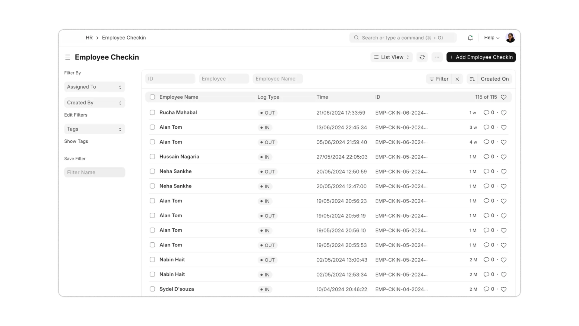 Employee Checkin — log type, timestamps, and employee records