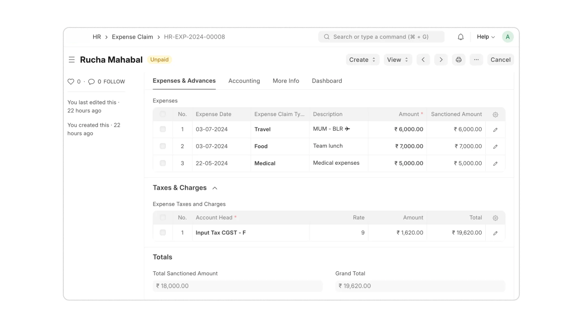 Expense Claim — itemized expenses with tax calculation