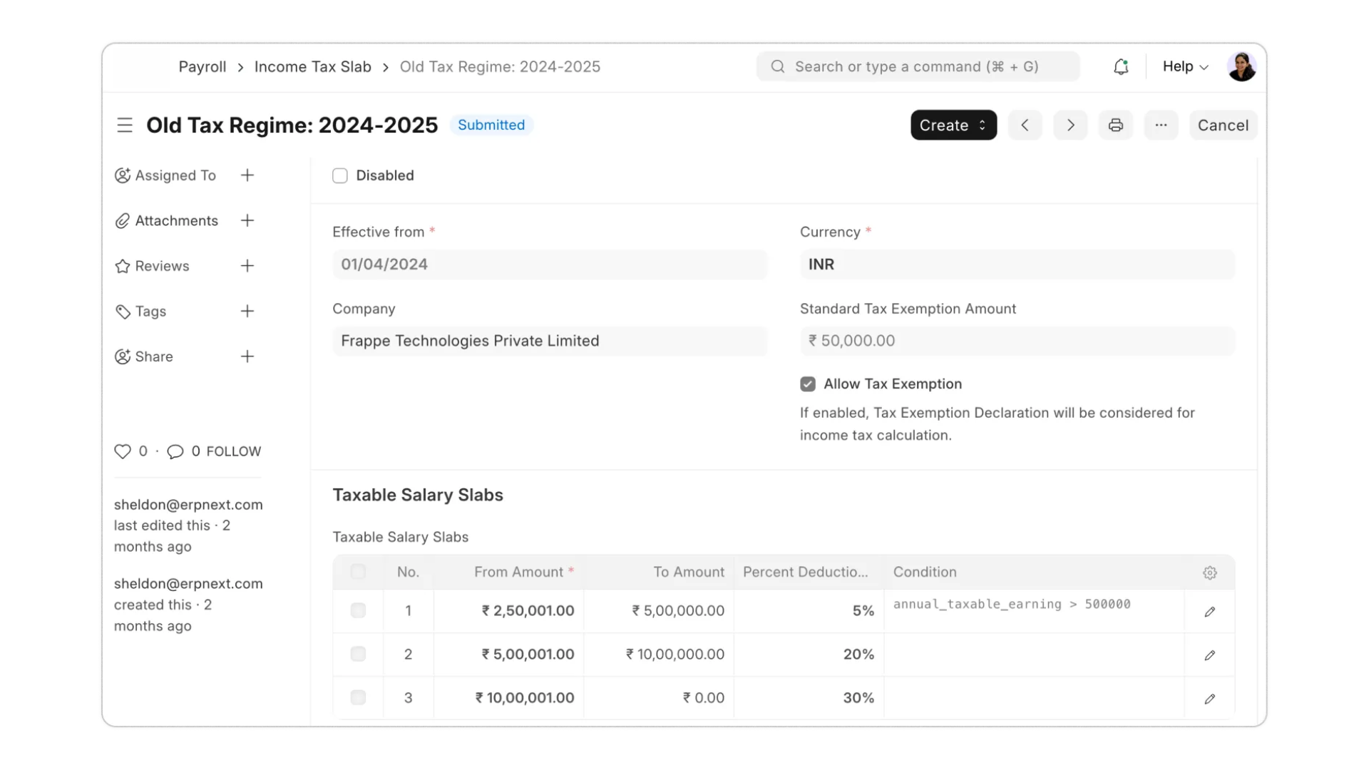 Income Tax Slab — old tax regime configuration with salary slabs