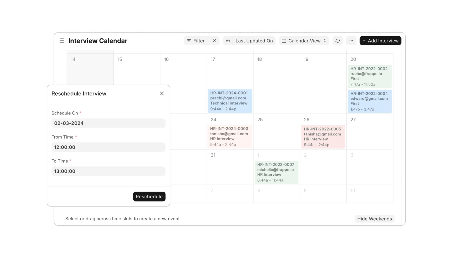 Interview Calendar — schedule and reschedule interviews with calendar view