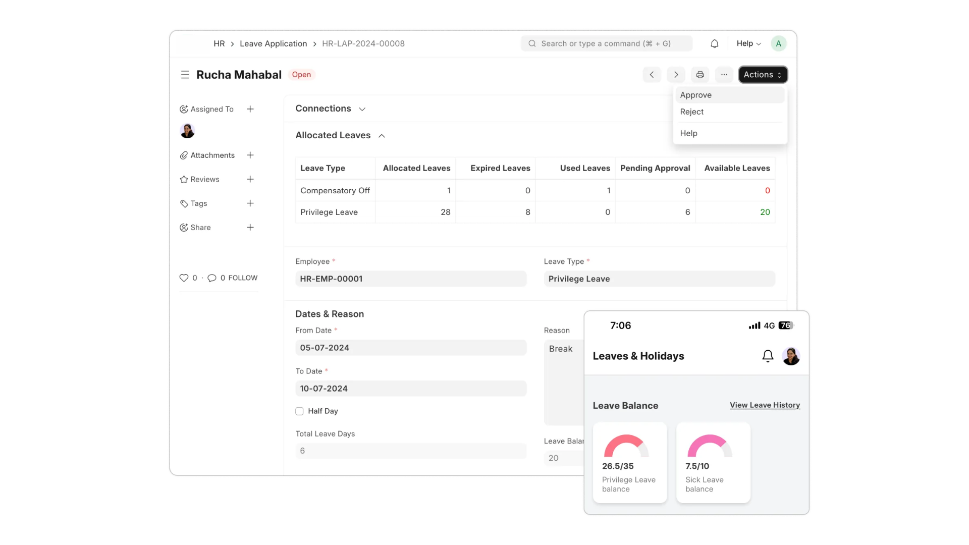 Leave Application with mobile app view — leave balance and approval workflow