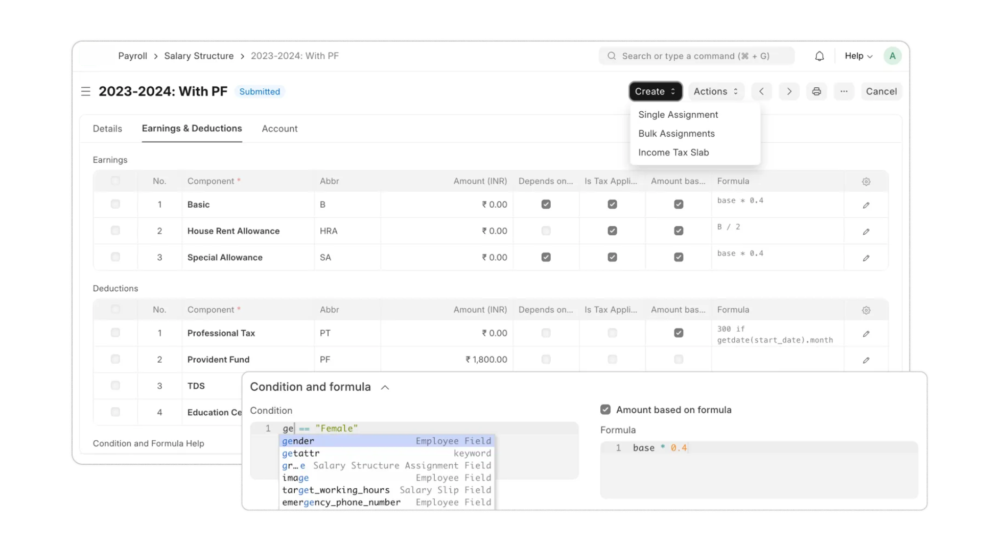 Salary Structure — earnings, deductions, and formula configuration